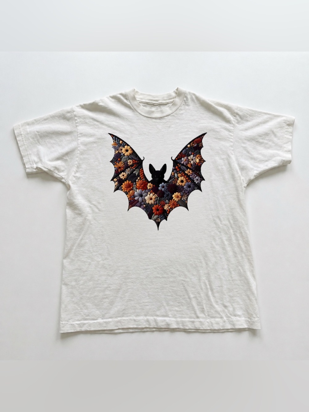 White Tee with Floral Bat Graphic